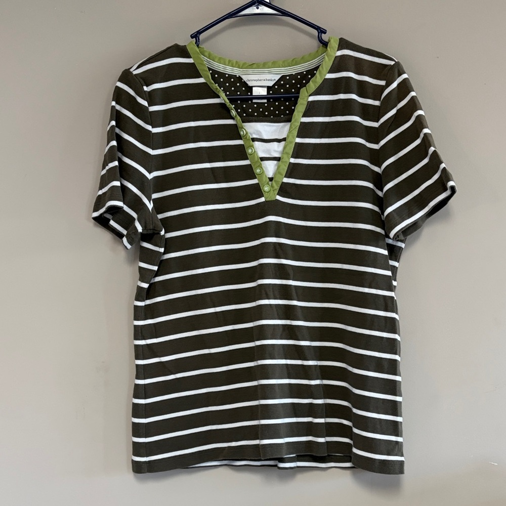 Christopher & Banks Striped V-Neck Top - Green and White